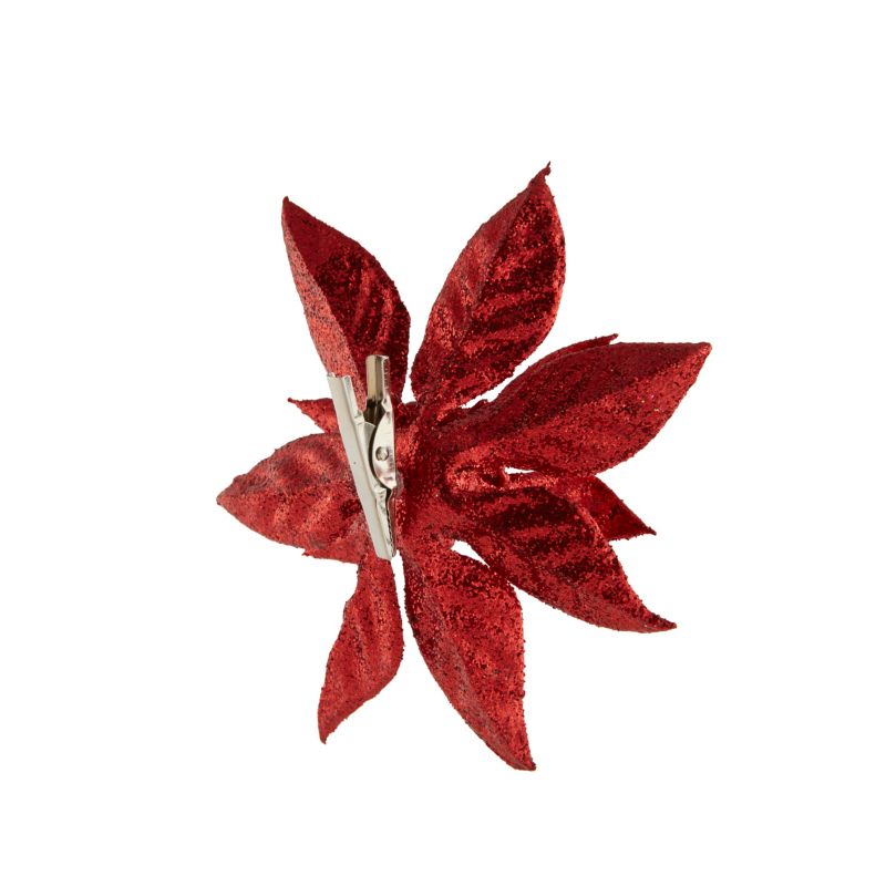 Dekoracja poinsecja z klipsem brokatowa 14 cm czerwona