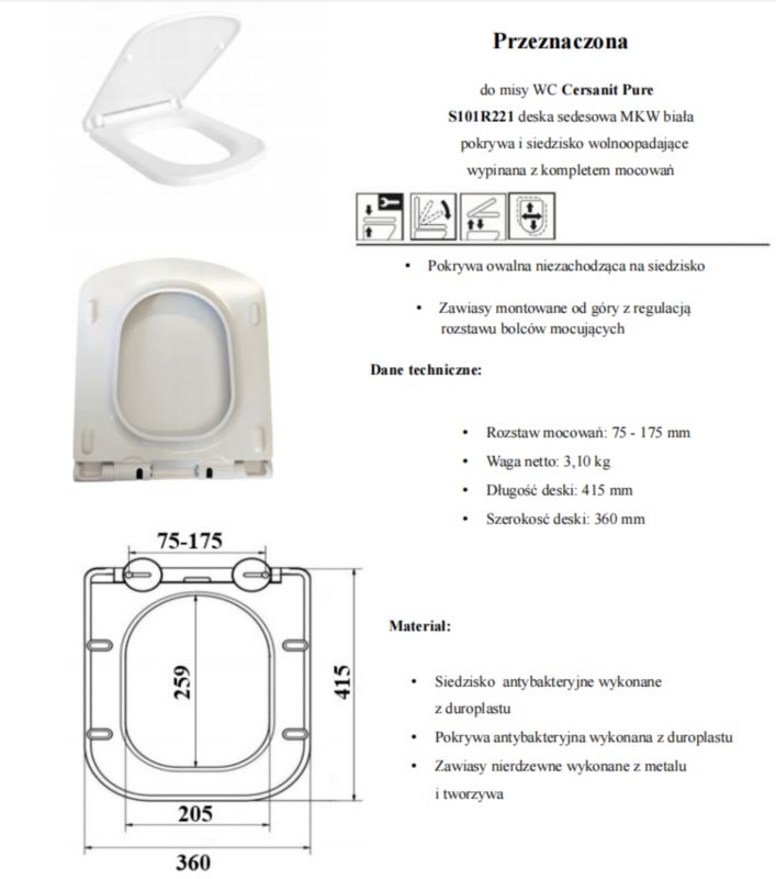Deska sedesowa Cersanit wolnoopadająca do ceramiki PURE 1szt