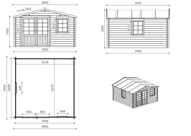 Domek ogrodowy ALTANKA 15,21 m2 - 3,90x3,90 m - 40 mm, drewniany, 1 szt.