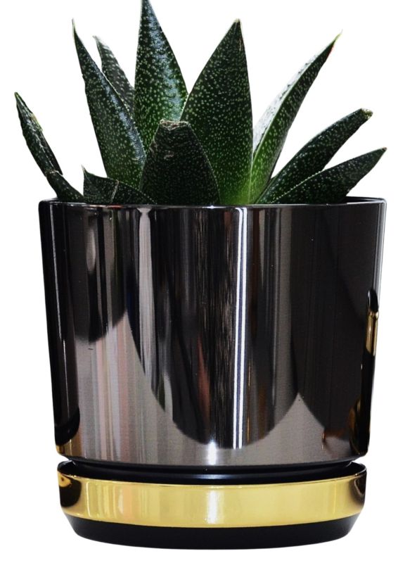 Doniczka dwukolorowa Kerd 21 cm wzór DUO/088/011 CZARNA podstawka ZŁOTA nowoczesna glamour wysoki połysk elegancka 1 szt.