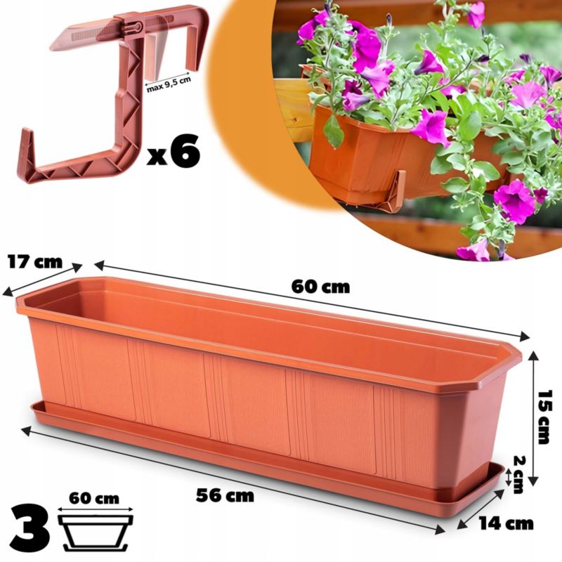 Doniczka KADAX Balkonowa 60cm Uchwyty Terakota 3szt.