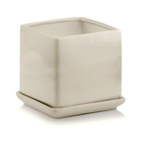 Doniczka z podstawką kwadratowa 12 cm kremowa