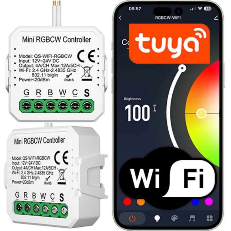 Dopuszkowy Mini sterownik Wi-Fi do taśm LED RGBCW Sone aplikacja Tuya/Smart Life 1szt.