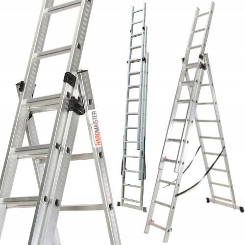 Drabina Aluminiowa Hardmaister 3x9 stopni Wielofunkcyjna Uniwersalna wys. Robocza 6,6m 1 szt