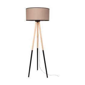 Drewniana Lampa Podłogowa SPOT Light  1xE27 Max.60W Naturalna Brzoza FSC, Beżowo Czarny Lniany Abażur, 1 szt.