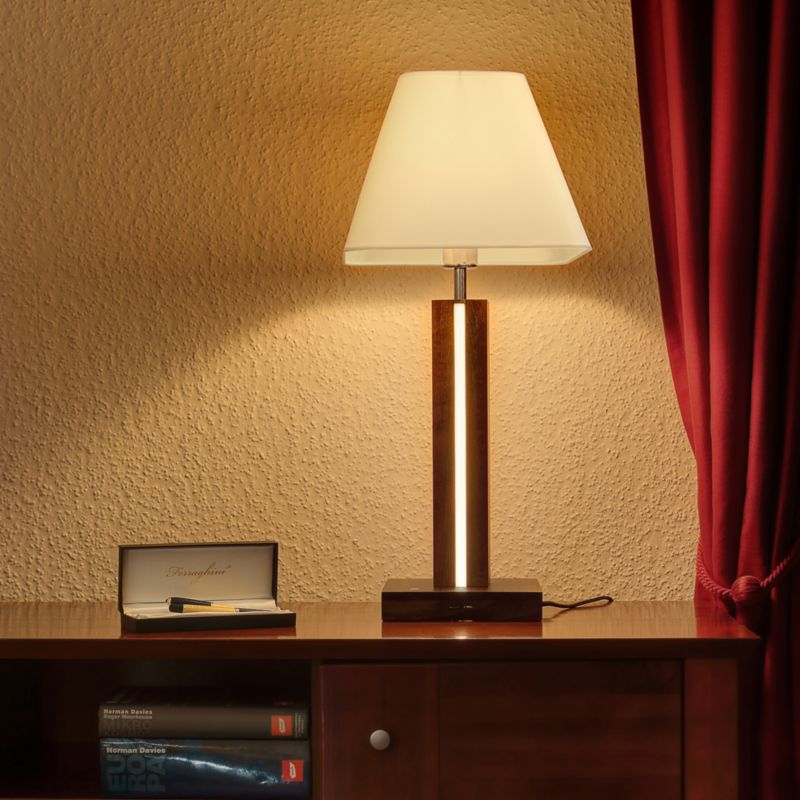 Drewniana Lampa Stołowa SPOT Light  1xE27 Max.25W, 2xLED 10.5W Drewno Bukowe Orzechowe FSC z Białą Tkaniną, 1 szt.