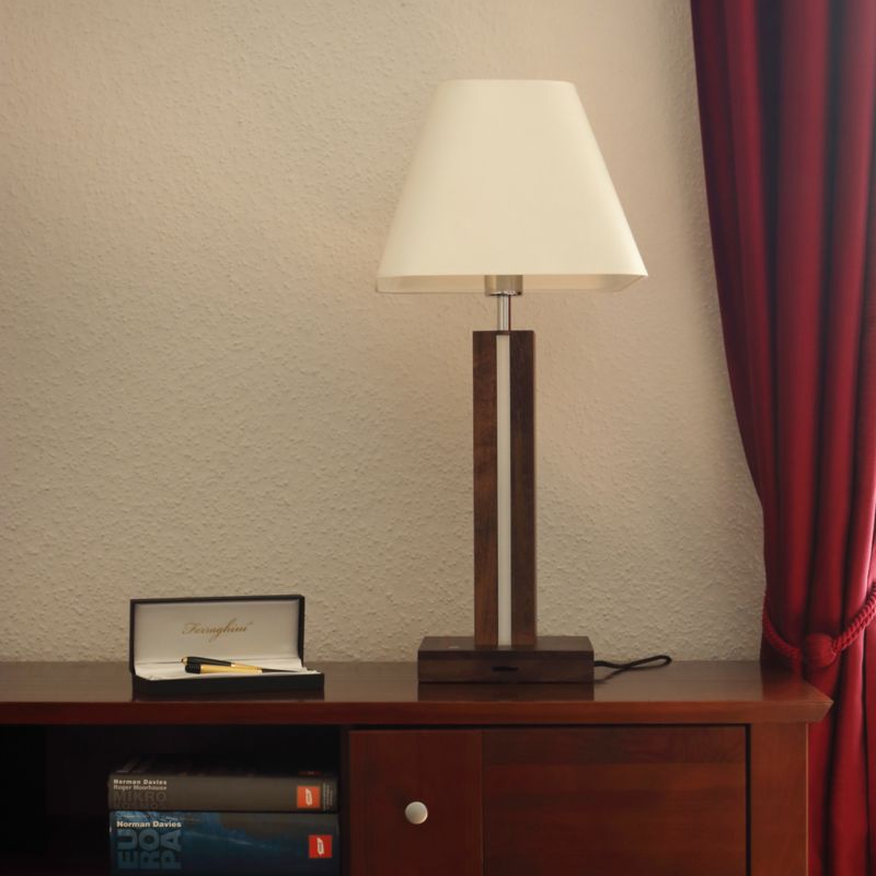 Drewniana Lampa Stołowa SPOT Light  1xE27 Max.25W, 2xLED 10.5W Drewno Bukowe Orzechowe FSC z Białą Tkaniną, 1 szt.