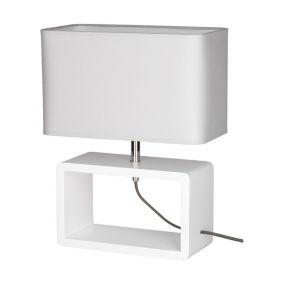 Drewniana Lampa Stołowa SPOT Light  1xE27 Max.25W Drewno Bukowe Białe FSC z Szarą Tkaniną, Polski Producent, 1 szt.