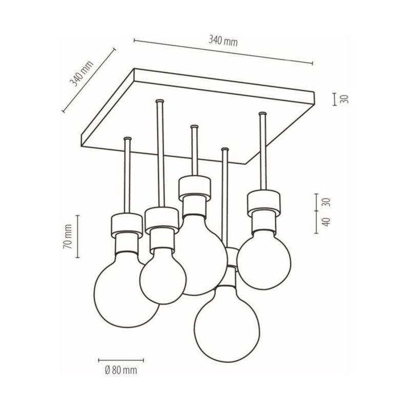 Drewniana Lampa Sufitowa SPOT Light 5xE27 Max.40W Dąb Olejowany FSC, Czarny Metal, 1 szt.