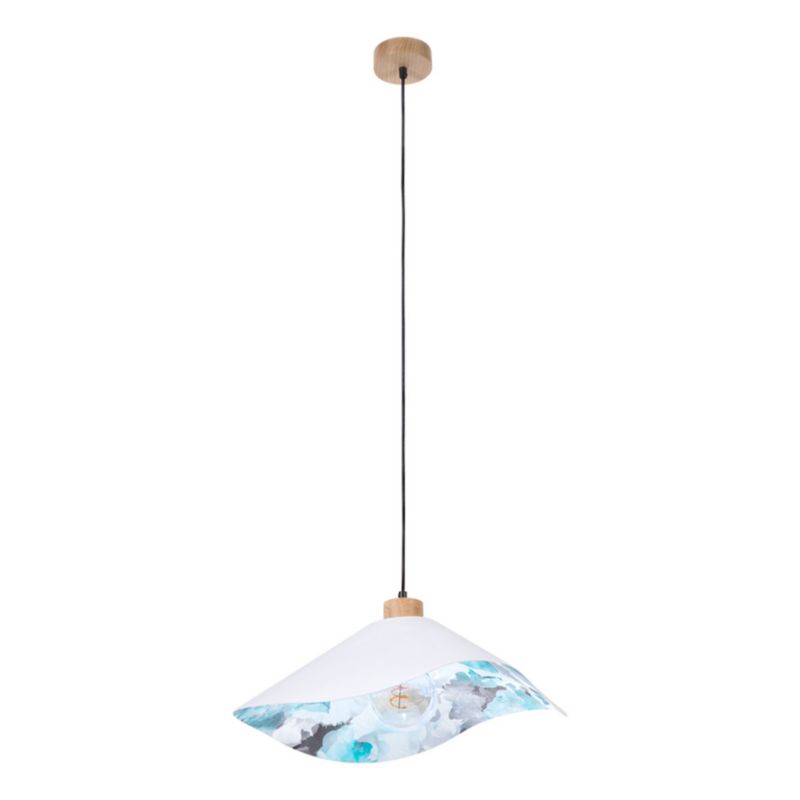 Drewniana Lampa Wisząca SPOT Light 1xE27 Max.40W Dąb Olejowany FSC z Białym Abażurem w Kwiatowy Wzór, 1 szt.