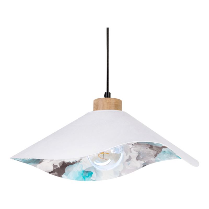 Drewniana Lampa Wisząca SPOT Light 1xE27 Max.40W Dąb Olejowany FSC z Białym Abażurem w Kwiecisty Wzór, 1 szt.