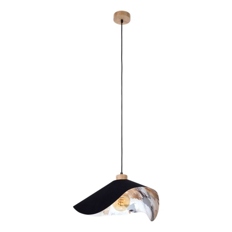 Drewniana Lampa Wisząca SPOT Light 1xE27 Max.40W Dąb Olejowany FSC z Czarnym Abażurem w Kwiatowy Wzór, 1 szt.