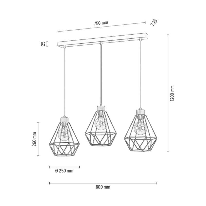 Drewniana Lampa Wisząca SPOT Light  3xE27 60W Dąb Olejowany FSC z Dodatkiem Czerni, Polski Producent, 1szt.
