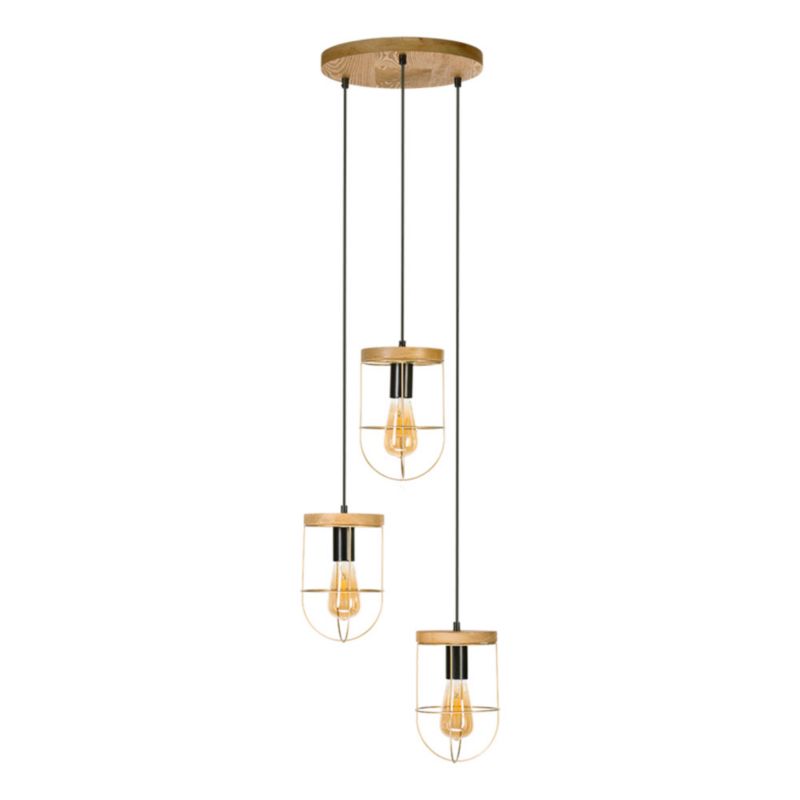 Drewniana Lampa Wisząca SPOT Light 3xE27 Max.60W Drewno Sosnowe FSC z Metalowymi Złotymi Kloszami, Polski Producent, 1 szt.