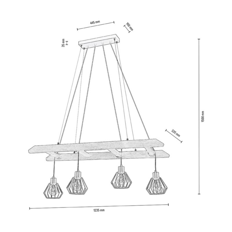 Drewniana Lampa Wisząca SPOT Light 4xE27 Max.60W Drewno Sosnowe Orzechowe FSC z Czarnymi Kloszami, 1 szt.