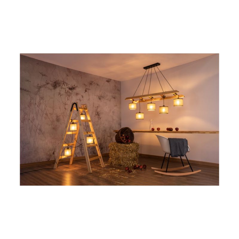 Drewniana Lampa Wisząca SPOT Light 5xE27 Max.25W Drewno Sosnowe Brązowe FSC z Beżowo Czarnymi Abażurami, 1 szt.