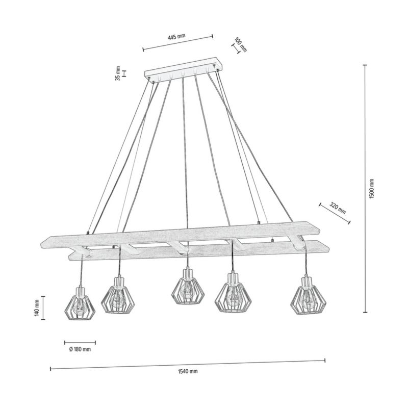 Drewniana Lampa Wisząca SPOT Light 5xE27 Max.60W Drewno Sosnowe Orzechowe FSC z Czarnymi Kloszami, 1 szt.