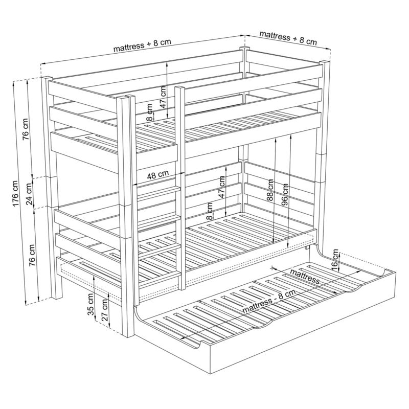 Drewniane łóżko  N-WOOD piętrowe z szufladą na materac N01 sosna naturalna 100x200 1szt.