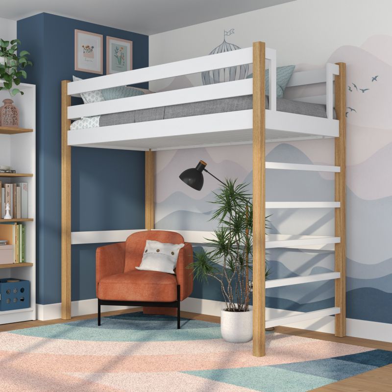 Drewniane łóżko na antresoli N-WOOD N01 80x200 biały / dąb naturalny 1 szt.