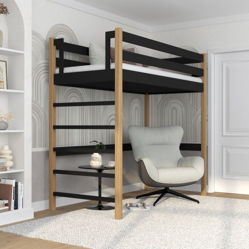 Drewniane łóżko na antresoli N-WOOD N01 90x190 czarny / dąb naturalny 1 szt.