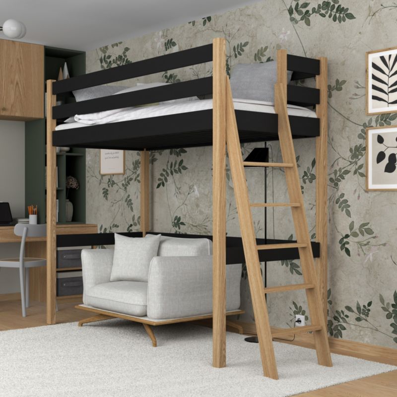 Drewniane łóżko na antresoli N-WOOD N02 80x190 czarny / dąb naturalny 1 szt.