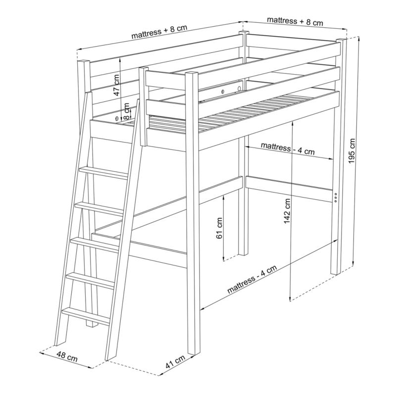Drewniane łóżko na antresoli N-WOOD N02 90x180 sosna bezbarwna 1 szt.