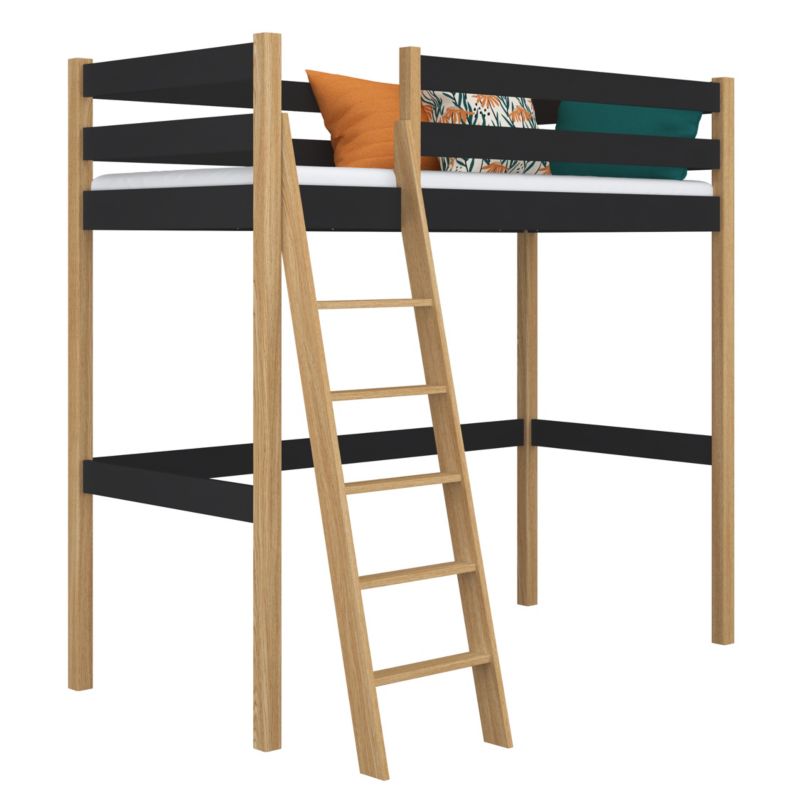 Drewniane łóżko na antresoli N-WOOD N03 120x180 czarny / dąb naturalny 1 szt.