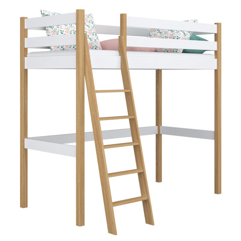 Drewniane łóżko na antresoli N-WOOD N03 90x180 biały / dąb naturalny 1 szt.