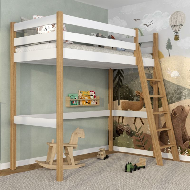 Drewniane łóżko na antresoli N-WOOD N03 90x180 biały / dąb naturalny 1 szt.