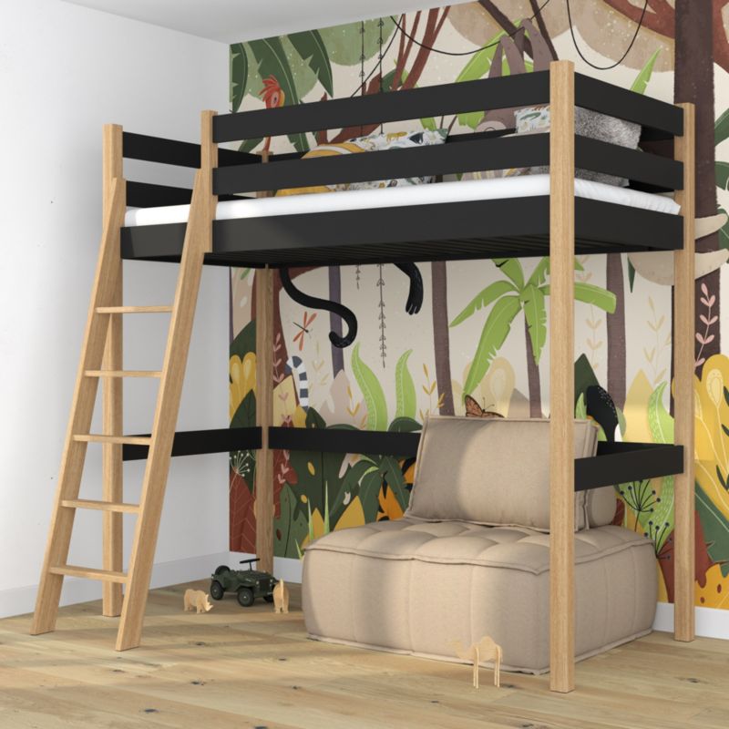 Drewniane łóżko na antresoli N-WOOD N03 90x180 czarny / dąb naturalny 1 szt.
