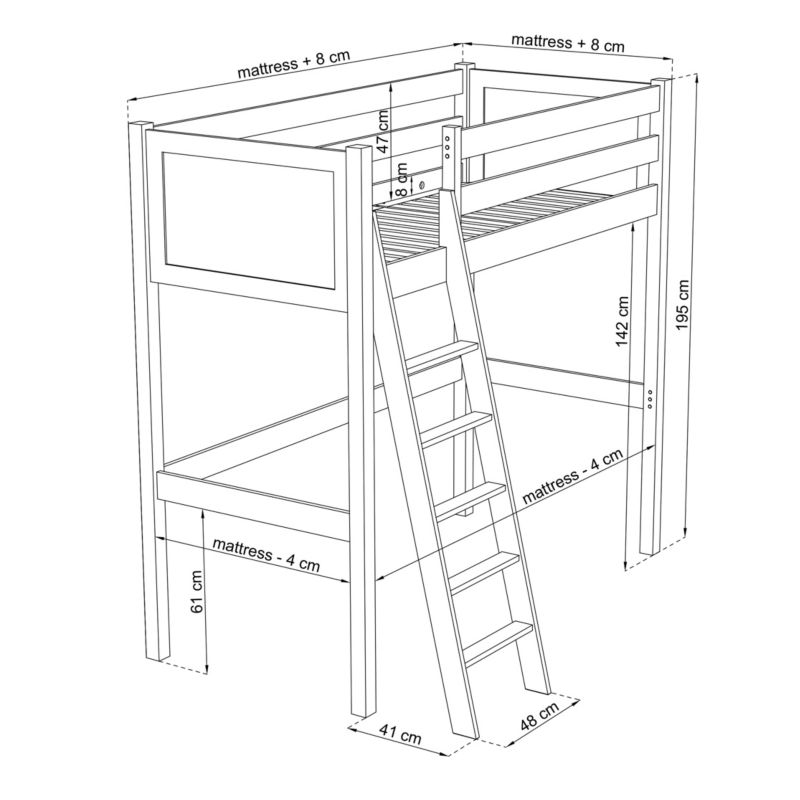 Drewniane łóżko na antresoli N-WOOD N04 90x180 biały 1 szt.