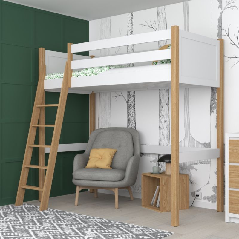 Drewniane łóżko na antresoli N-WOOD N04 90x180 biały / dąb naturalny 1 szt.