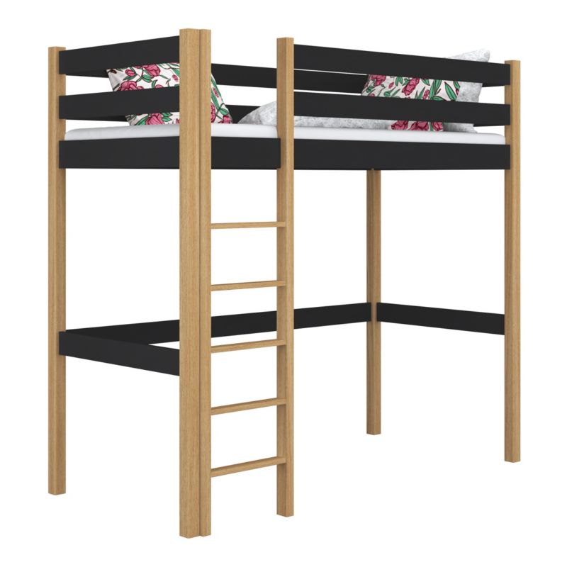 Drewniane łóżko na antresoli N-WOOD N05 120x190 czarny / dąb naturalny 1 szt.