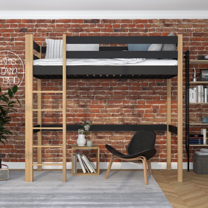 Drewniane łóżko na antresoli N-WOOD N05 120x190 czarny / dąb naturalny 1 szt.
