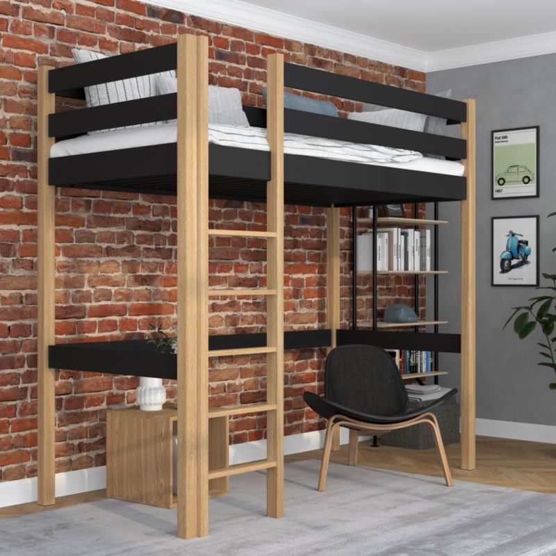 Drewniane łóżko na antresoli N-WOOD N05 120x190 czarny / dąb naturalny 1 szt.