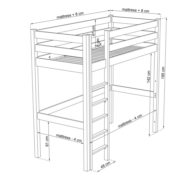 Drewniane łóżko na antresoli N-WOOD N05 80x200 sosna bezbarwna 1 szt.