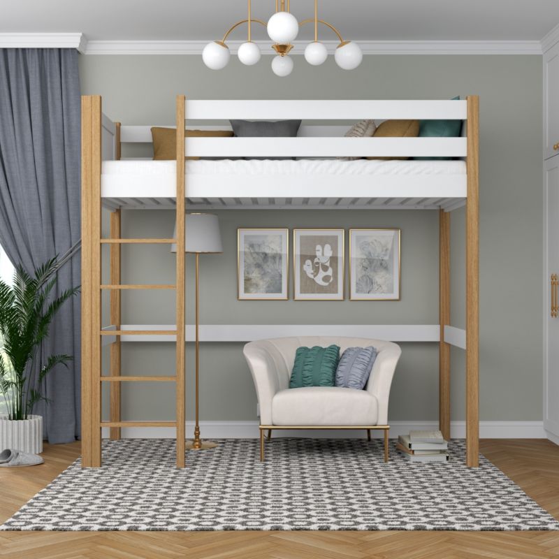 Drewniane łóżko na antresoli N-WOOD N06 120x200 biały / dąb naturalny 1 szt.