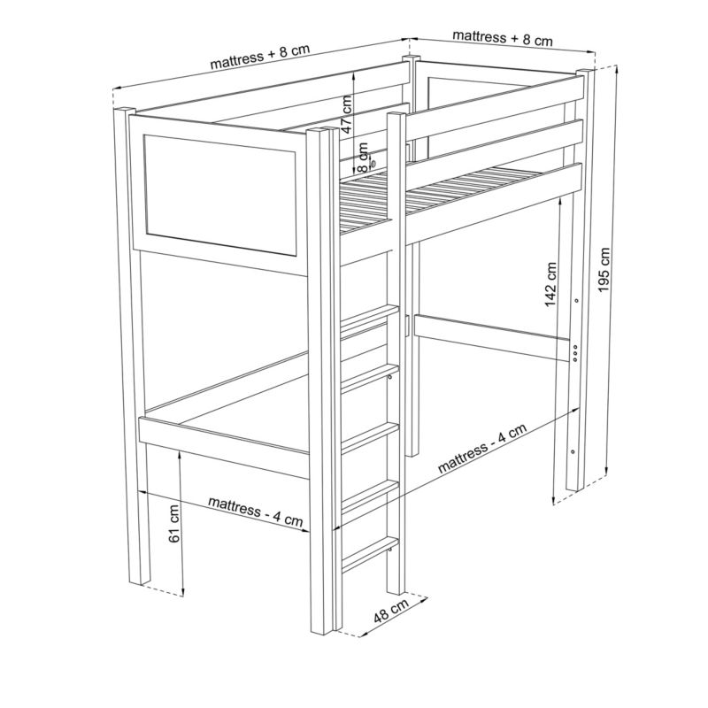 Drewniane łóżko na antresoli N-WOOD N06 80x180 popielaty 1 szt.