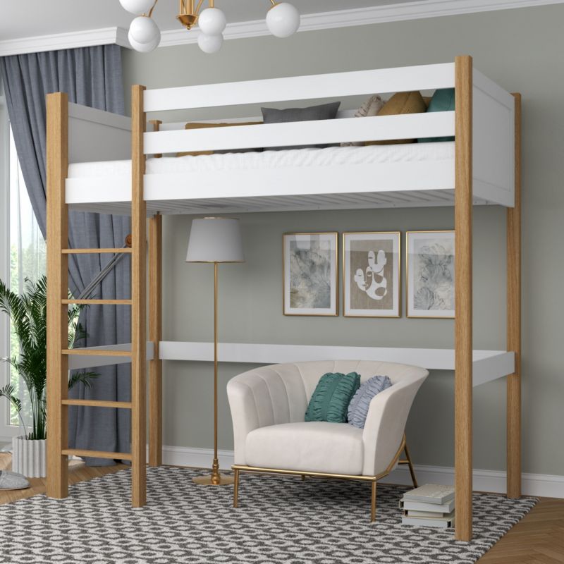 Drewniane łóżko na antresoli N-WOOD N06 90x190 biały / dąb naturalny 1 szt.