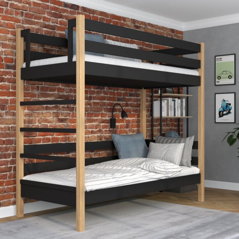 Drewniane łózko piętrowe N-WOOD N03 90x190 czarny / dąb naturalny 1 szt.