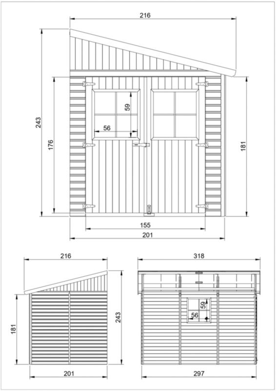 Drewniany domek ogrodowy Timbela 6 m² M339 Konstrukcja panelowa, z trzech ścian, grubość deski 17 mm, 1 szt.