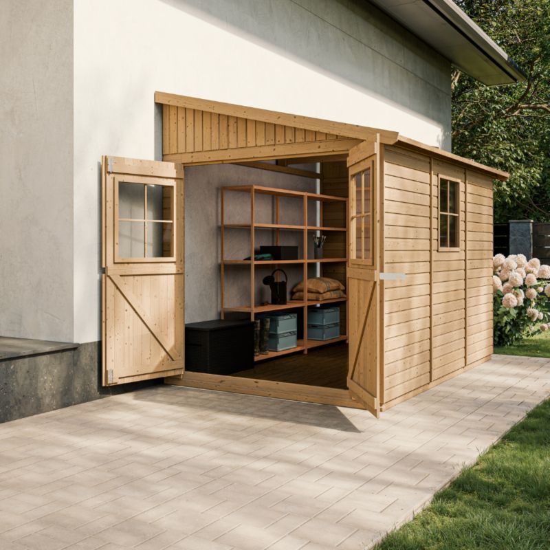 Drewniany domek ogrodowy Timbela M339 6 m² konstrukcja panelowa z trzech ścian grubość deski 17 mm 1 szt.