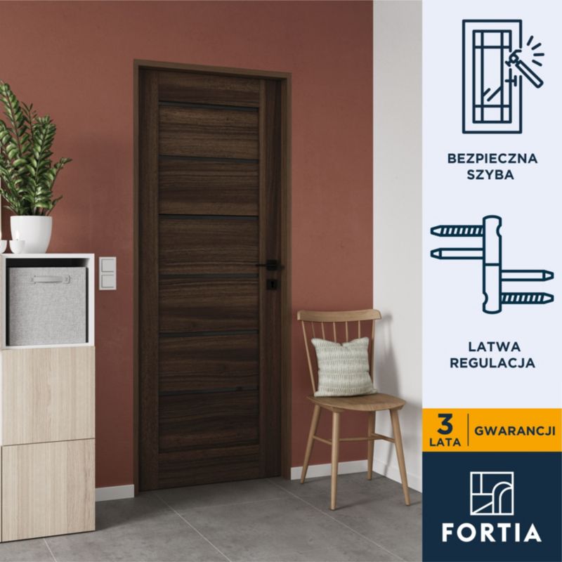 Drzwi pokojowe Fortia Toreno orzech 80 prawe czarna szyba