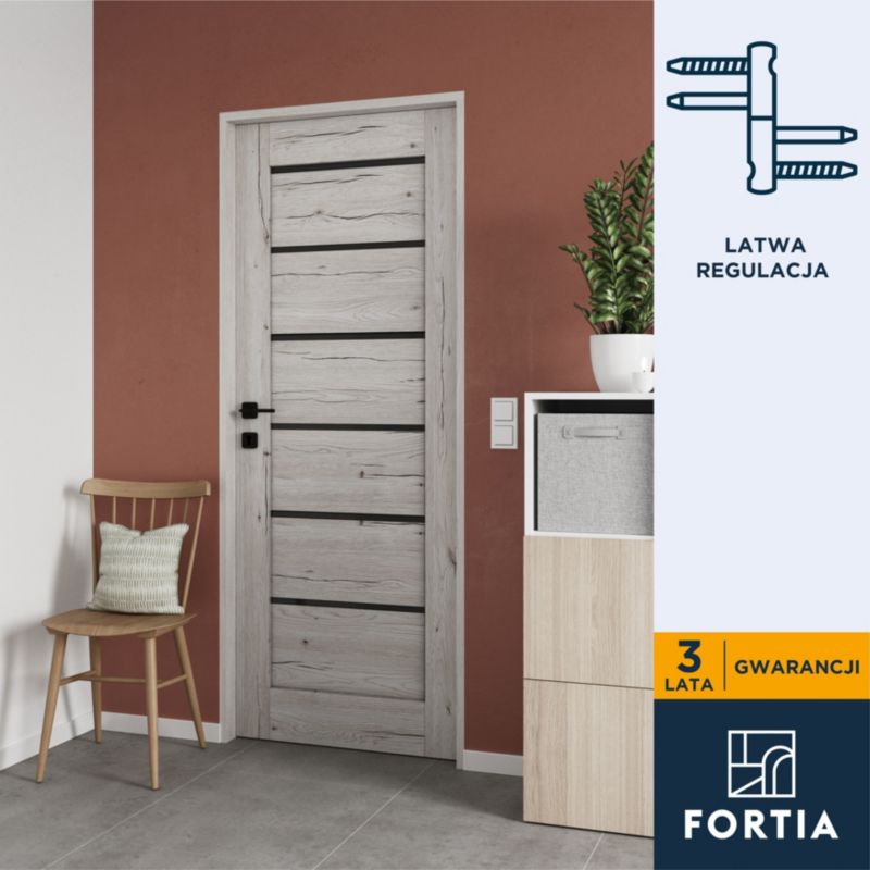 Drzwi pokojowe Fortia Toreno silver 80 lewe slim czarna szyba