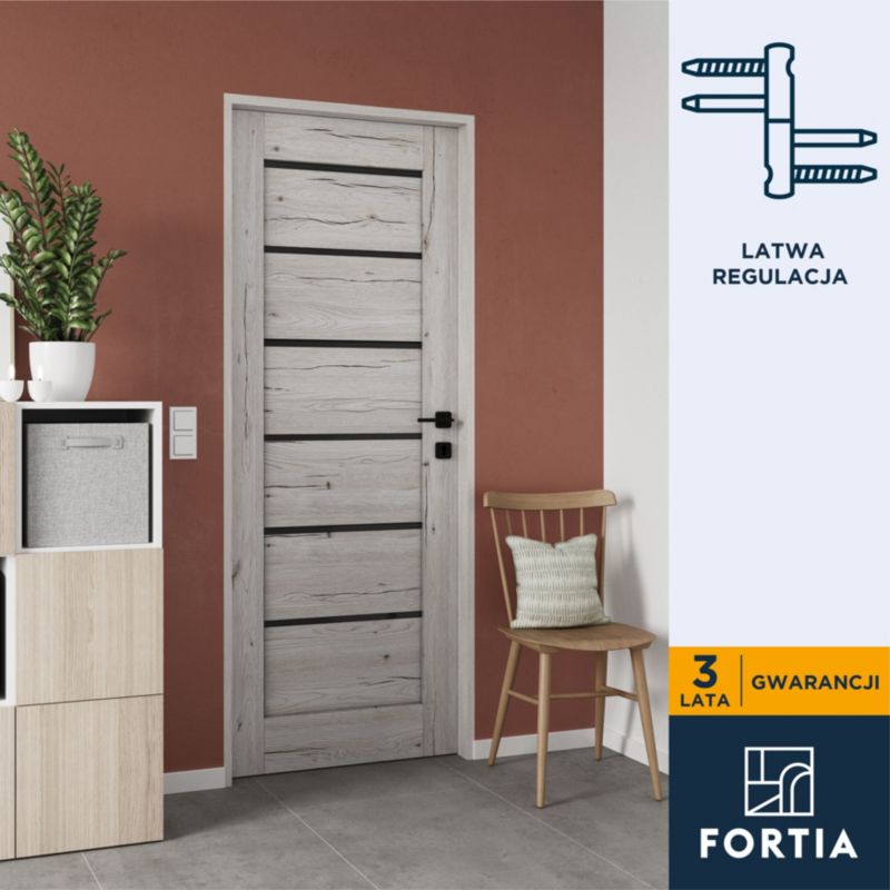 Drzwi pokojowe Fortia Toreno silver 80 prawe slim czarna szyba