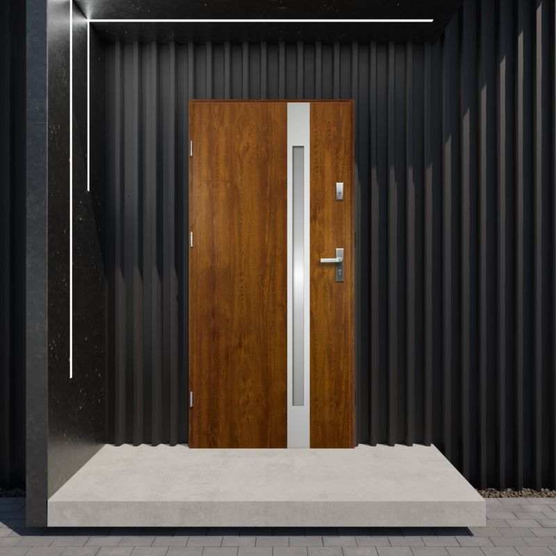 Drzwi zewnętrzne O.K. Doors Aurelia inox 90 lewe złoty dąb