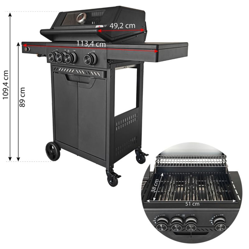 Duży grill gazowy 3+1 LED 4iQ Group 113,4x49,2x109,4 cm z pokrywą i żeliwnym rusztem 1szt.