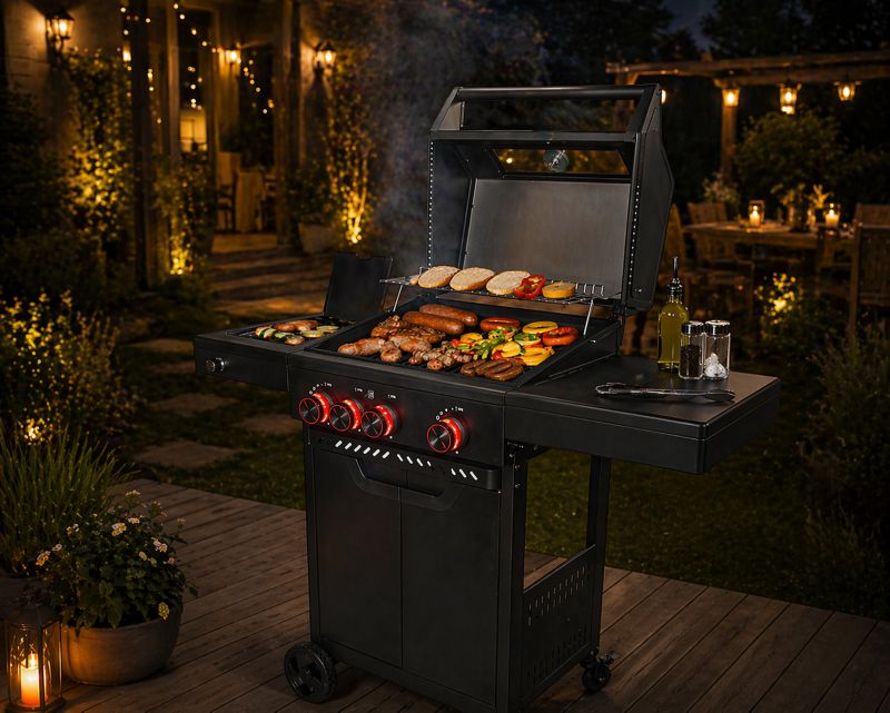 Duży grill gazowy 3+1 LED 4iQ Group 113,4x49,2x109,4 cm z pokrywą i żeliwnym rusztem 1szt.
