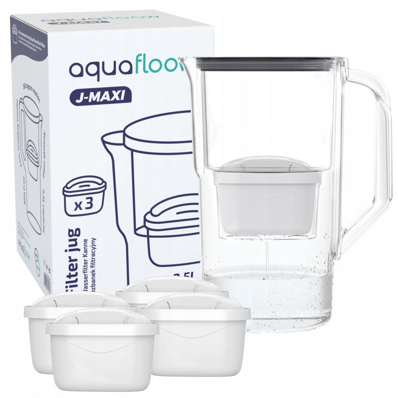 Dzbanek filtrujący wodę, AquaFloow J-MAXI, plastikowy, 2.5l, czarny + 5x filtr wody AquaFloow Maxi, zestaw, 6szt