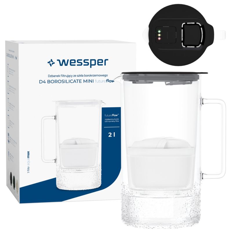 Dzbanek filtrujący wodę, Wessper D4 BOROSILICATE, szklany, licznik LED, 2 l, zestaw z 1 filtrem Aquamax, czarny, 2szt